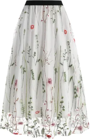 Women Vintage Floral Embroidered Tulle Midi Skirt 50s Party Elastic High Waist A-line Swing Skirts