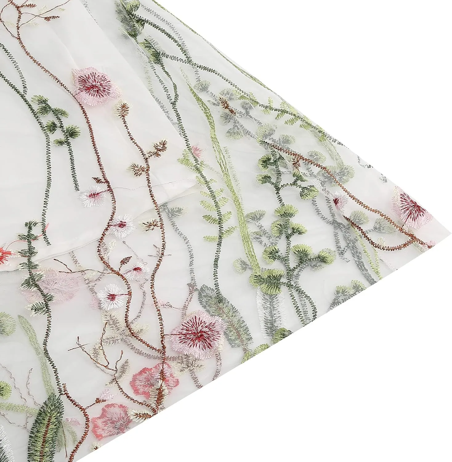 Women Vintage Floral Embroidered Tulle Midi Skirt 50s Party Elastic High Waist A-line Swing Skirts
