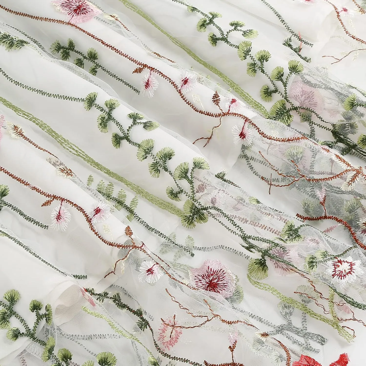Women Vintage Floral Embroidered Tulle Midi Skirt 50s Party Elastic High Waist A-line Swing Skirts