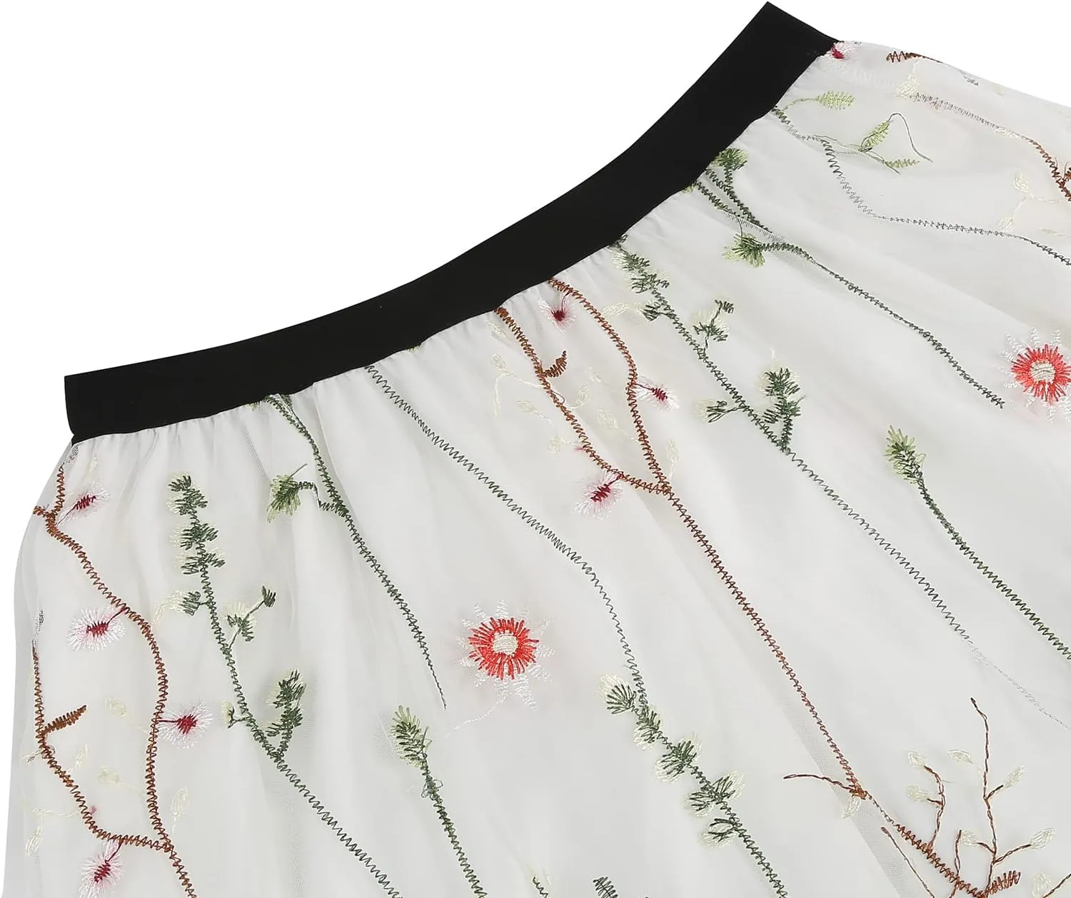 Women Vintage Floral Embroidered Tulle Midi Skirt 50s Party Elastic High Waist A-line Swing Skirts