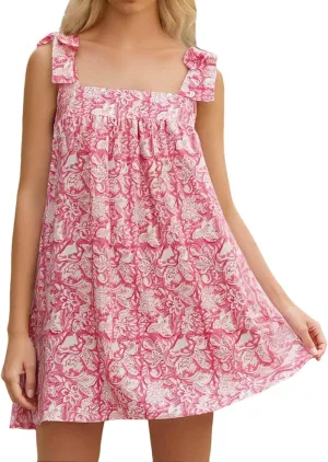 Women Y2K Tie Shoulder Mini Dress Square Neck Floral Ruffle Flowy Babydoll Dress Summer Bow Strap Boho Short Dresses