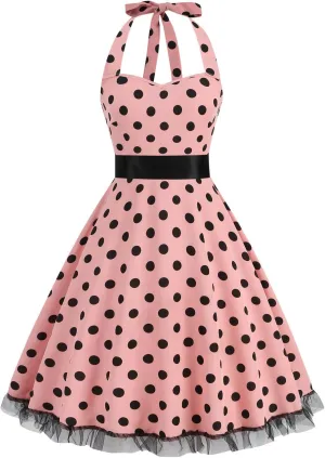 Womens 1950s Vintage Audrey Hepburn Style Cocktail Swing Dresses Halter Cocktail Dress Lace Hem Polka Dots Midi Dress