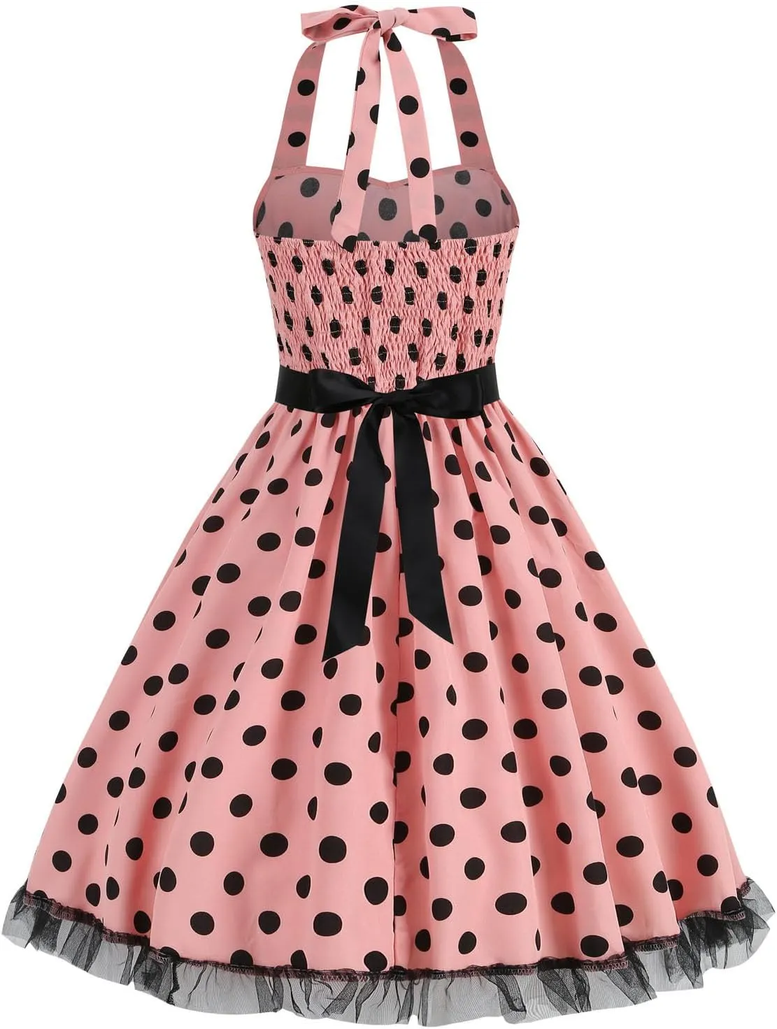 Womens 1950s Vintage Audrey Hepburn Style Cocktail Swing Dresses Halter Cocktail Dress Lace Hem Polka Dots Midi Dress
