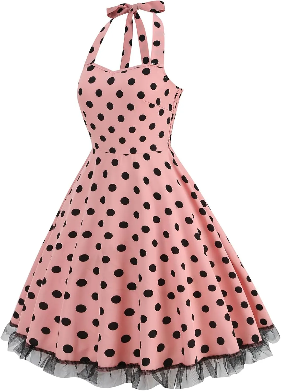 Womens 1950s Vintage Audrey Hepburn Style Cocktail Swing Dresses Halter Cocktail Dress Lace Hem Polka Dots Midi Dress