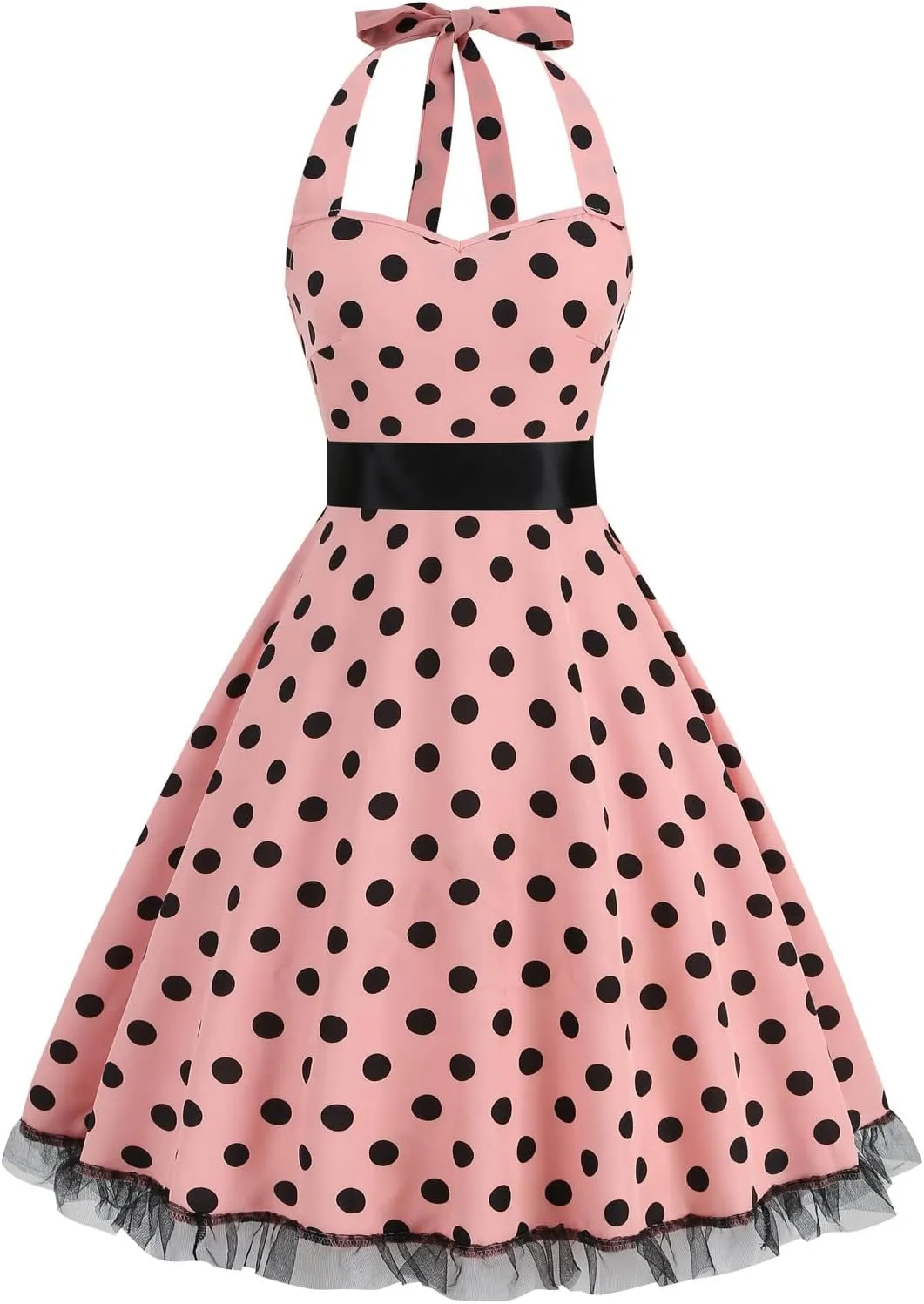 Womens 1950s Vintage Audrey Hepburn Style Cocktail Swing Dresses Halter Cocktail Dress Lace Hem Polka Dots Midi Dress