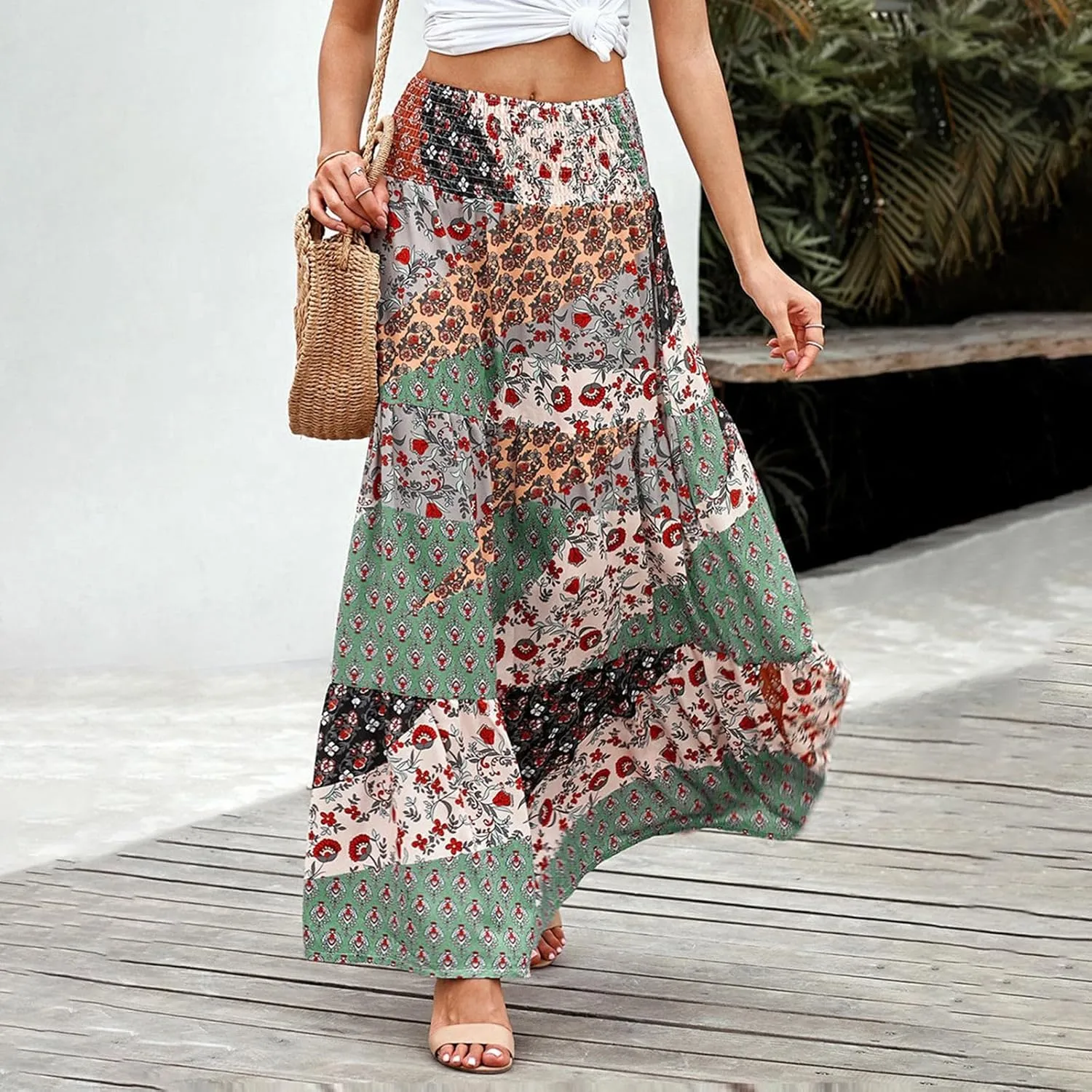 Women's 2025 Bohemian Long Skirts Print High Waist A Line Maxi Skirts Summer Casual Printed Pleated Ruffle Flowy Skirts