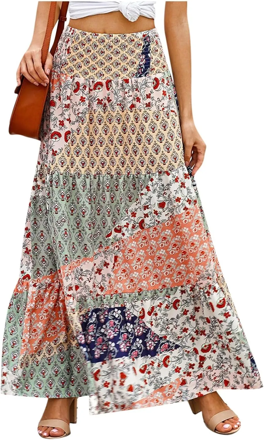 Women's 2025 Bohemian Long Skirts Print High Waist A Line Maxi Skirts Summer Casual Printed Pleated Ruffle Flowy Skirts
