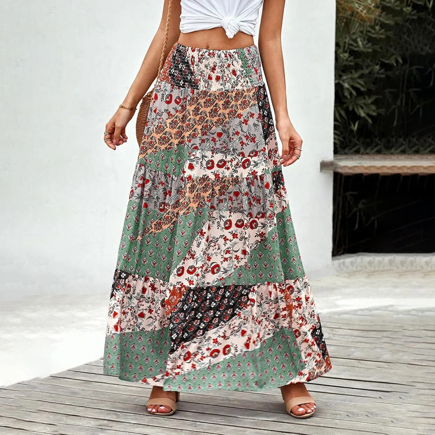 Women's 2025 Bohemian Long Skirts Print High Waist A Line Maxi Skirts Summer Casual Printed Pleated Ruffle Flowy Skirts