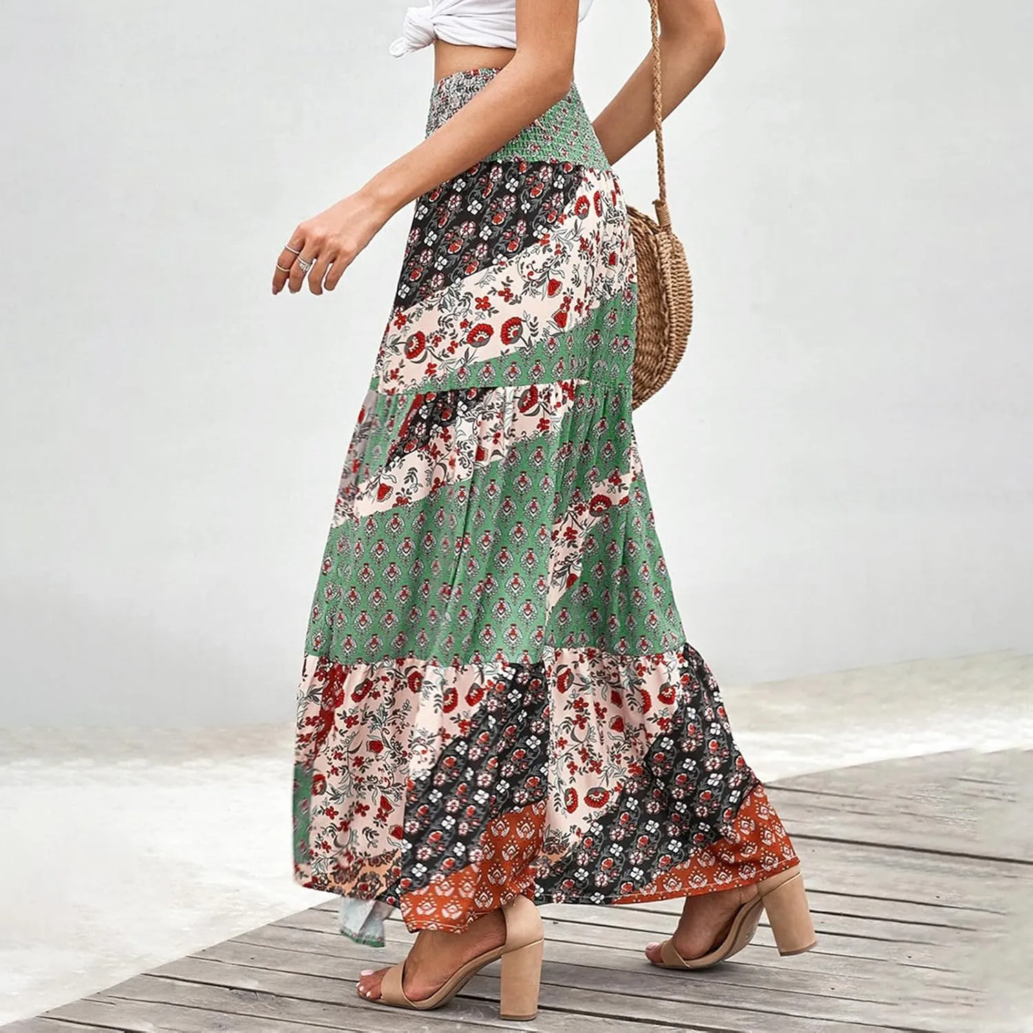 Women's 2025 Bohemian Long Skirts Print High Waist A Line Maxi Skirts Summer Casual Printed Pleated Ruffle Flowy Skirts