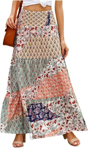 Women's 2025 Bohemian Long Skirts Print High Waist A Line Maxi Skirts Summer Casual Printed Pleated Ruffle Flowy Skirts