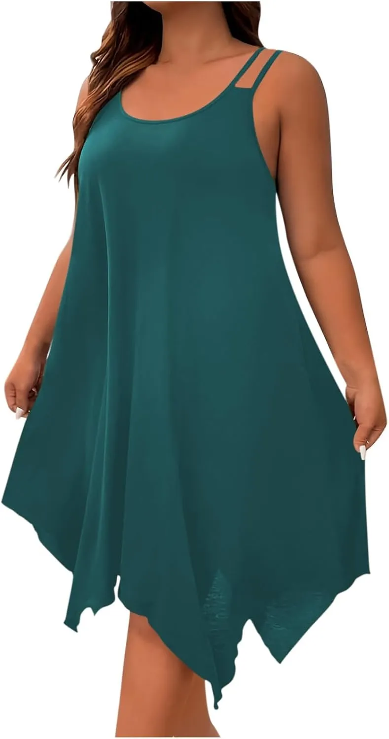 Women's 2025 Summer Dress Casual Boho Sundress Spaghetti Strap Beach Cover Up Irregular Hem Flowy Midi Vacation Dresses