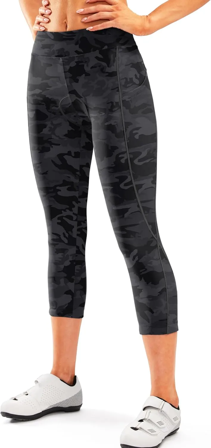 Women's 4D Padded Bike Pants High Waist Cycling Shorts Bicycle Capris 3/4 Biking Tights with Zipper Pockets