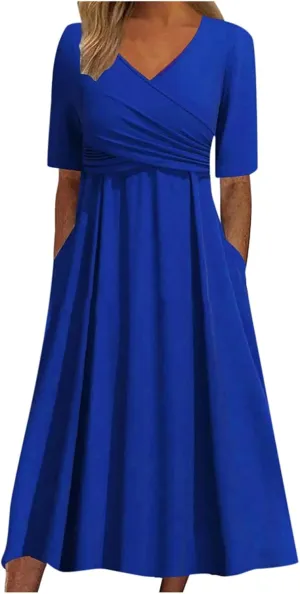 Women's A Line Midi Dress Short Sleeve V-Neck Flowy Casual Summer Dresses Beach Vacation Boho Dresses with Pockets