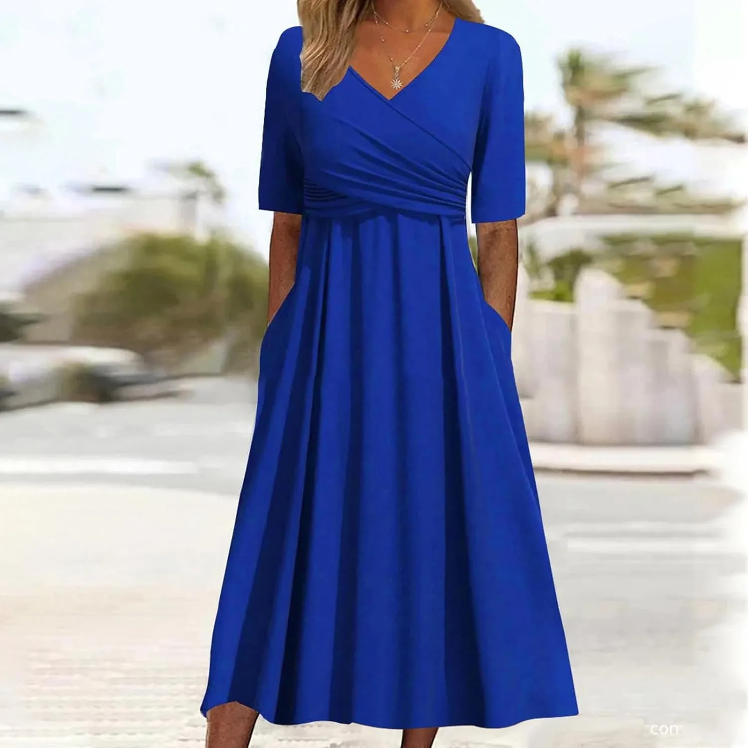 Women's A Line Midi Dress Short Sleeve V-Neck Flowy Casual Summer Dresses Beach Vacation Boho Dresses with Pockets