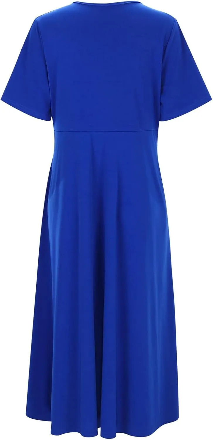 Women's A Line Midi Dress Short Sleeve V-Neck Flowy Casual Summer Dresses Beach Vacation Boho Dresses with Pockets