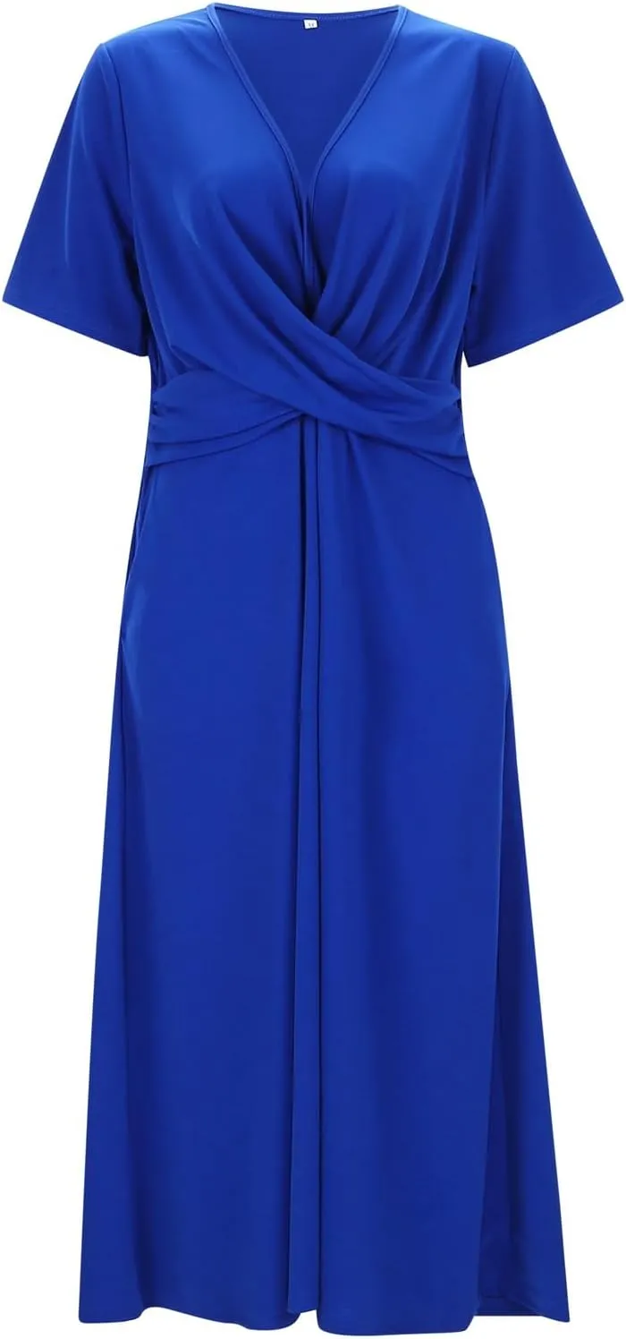 Women's A Line Midi Dress Short Sleeve V-Neck Flowy Casual Summer Dresses Beach Vacation Boho Dresses with Pockets