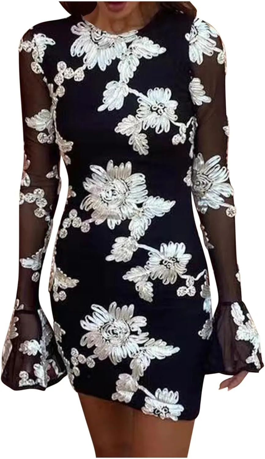 Women's Bodycon Mini Dress Fashion Crew Neck Ruffle Bell Long Sleeve Floral Applique Cocktail Party Club Short Dresses