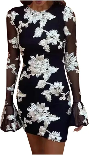 Women's Bodycon Mini Dress Fashion Crew Neck Ruffle Bell Long Sleeve Floral Applique Cocktail Party Club Short Dresses