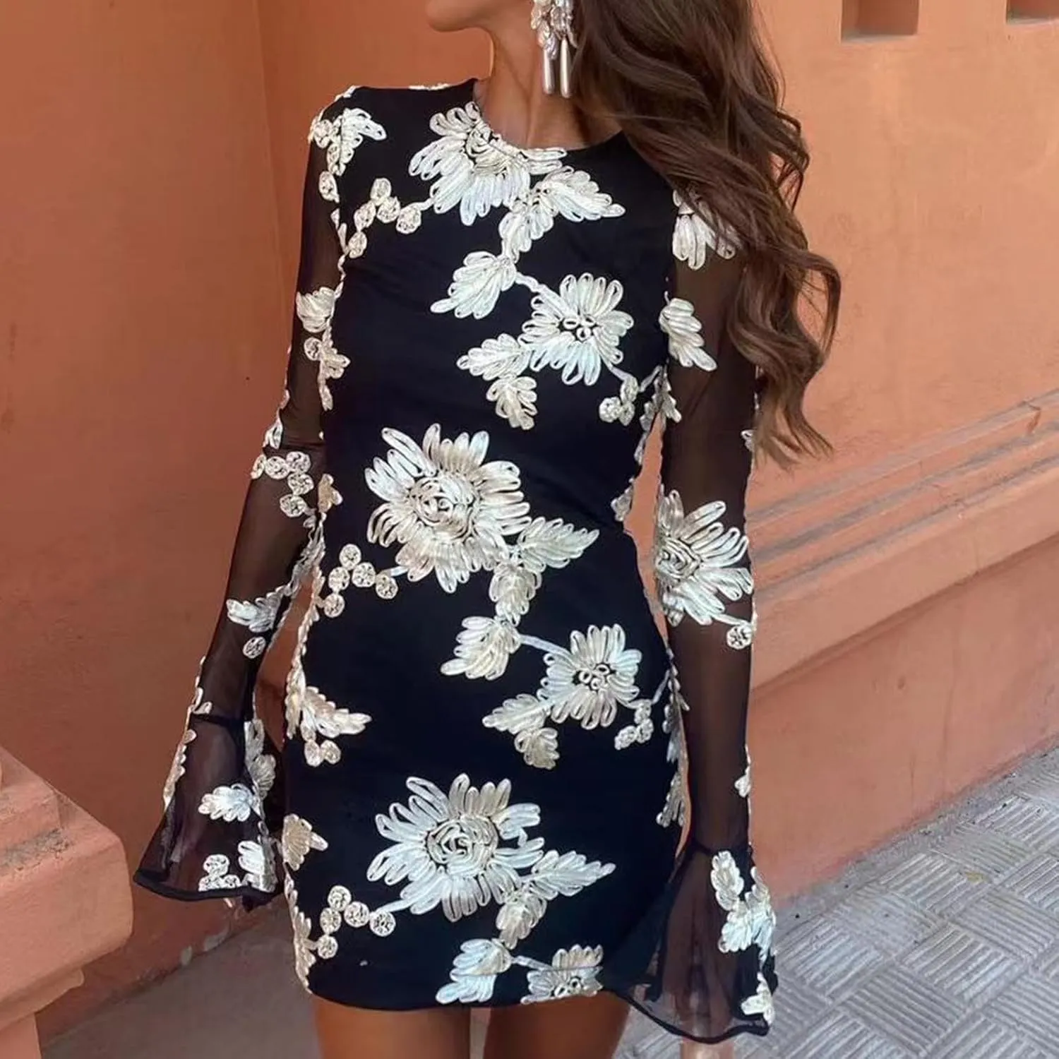 Women's Bodycon Mini Dress Fashion Crew Neck Ruffle Bell Long Sleeve Floral Applique Cocktail Party Club Short Dresses