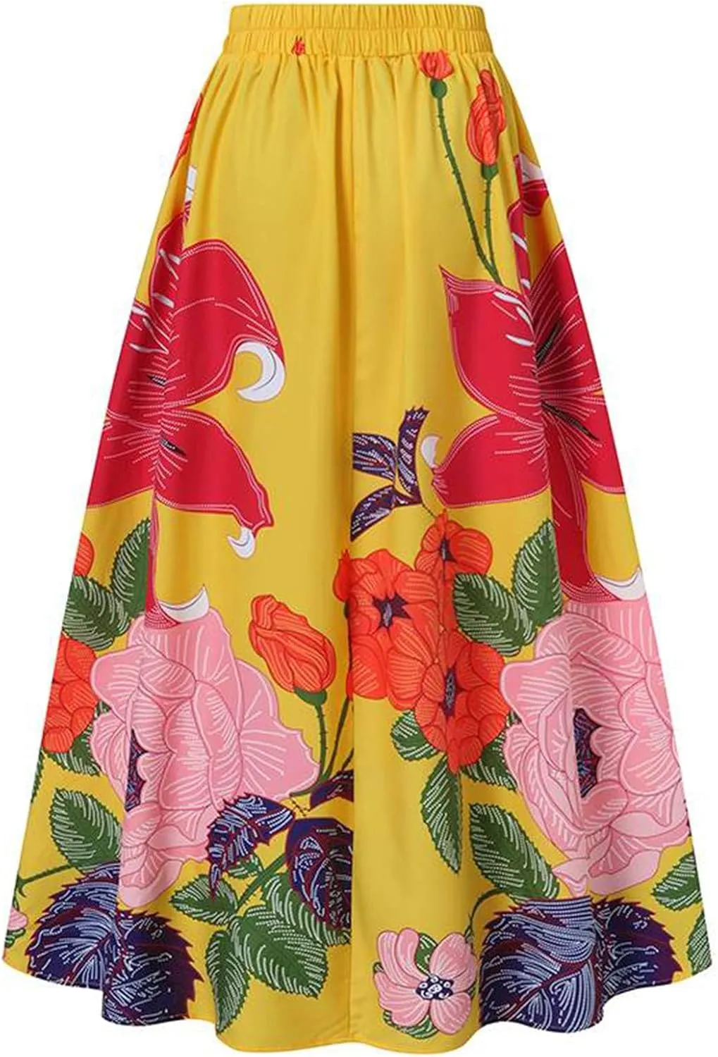 Women's Boho Floral Printed Maxi Skirt Summer Beach High Waisted Mopping Floor Length A Line Long Skirts with Pockets