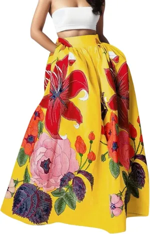 Women's Boho Floral Printed Maxi Skirt Summer Beach High Waisted Mopping Floor Length A Line Long Skirts with Pockets