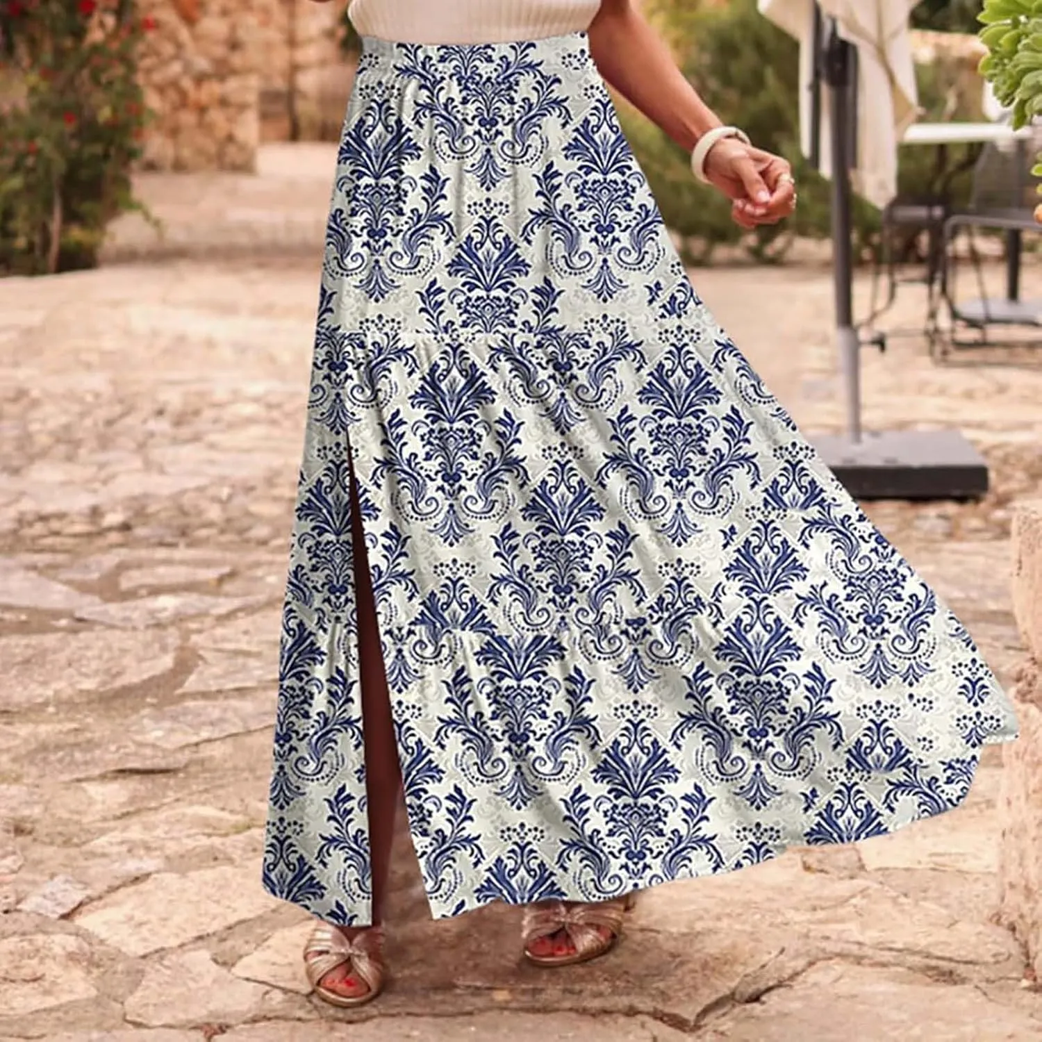 Womens Boho Floral Slit Maxi Skirt Split Thigh Elastic High Waisted Long Sexy Skirts Summer Beach Outfits Clothes