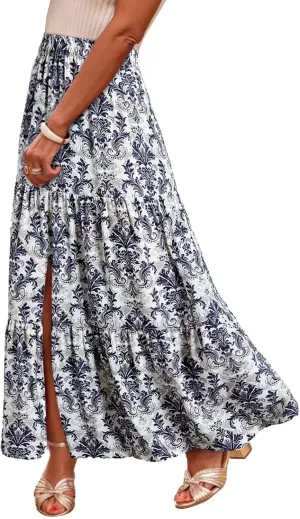 Womens Boho Floral Slit Maxi Skirt Split Thigh Elastic High Waisted Long Sexy Skirts Summer Beach Outfits Clothes