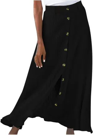 Womens Button Down Maxi Skirt Vintage Wrinkles High Waist Flowy A Line Skirts Summer Lightweight Casual Beach Skirt