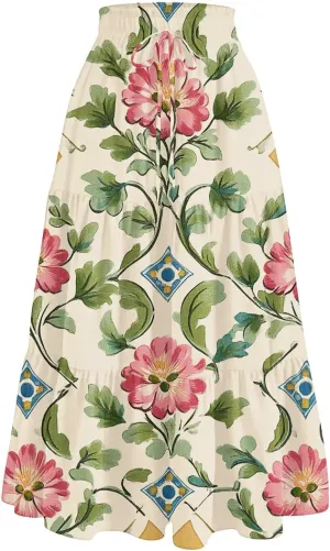 Women's Casual Beach Skirt Floral Elastic High Waist Pleated A-Line Flared Midi Skirts, S-XL
