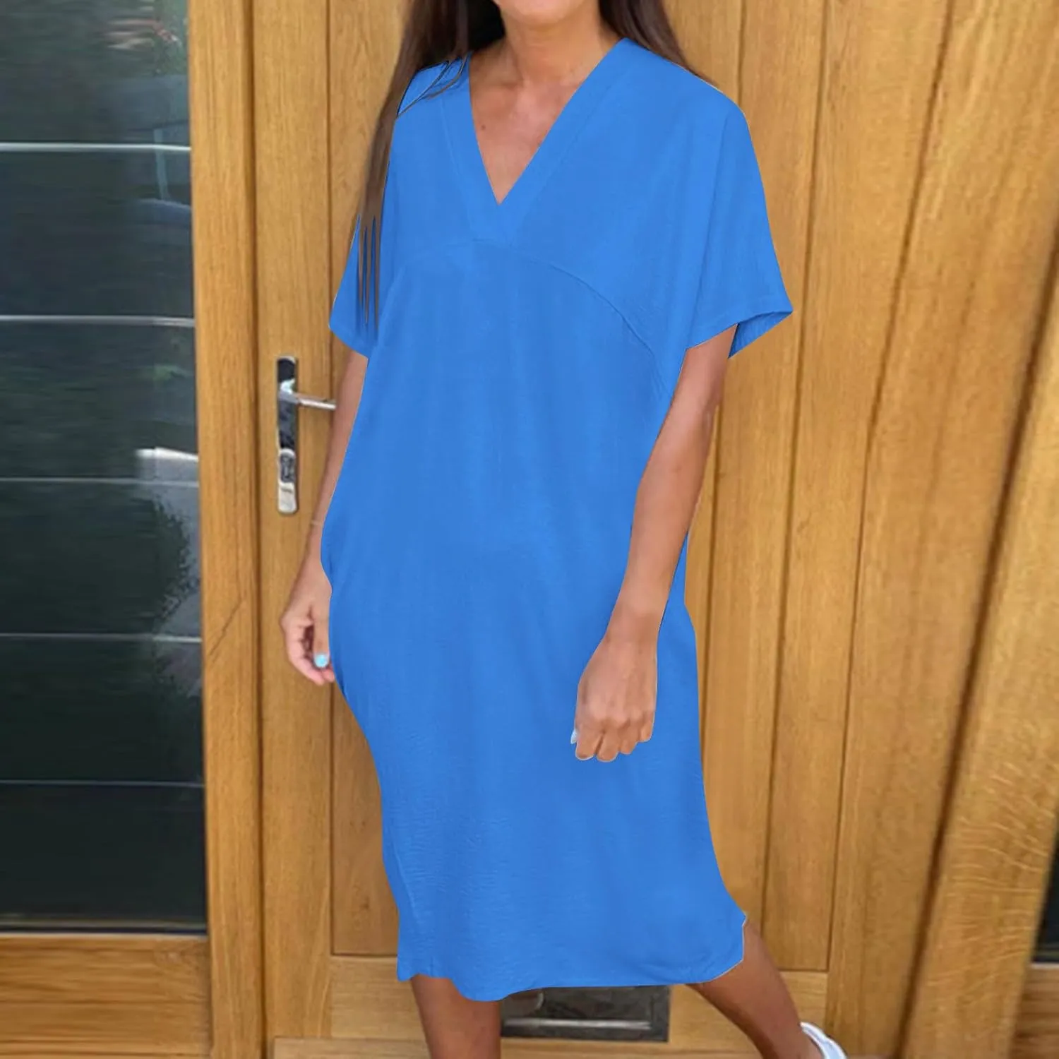 Women's Casual T Shirt V Neck Dress Summer Short Sleeve Dresses 2025 Basic Solid Midi Sundresses Beach Vacation Outfit
