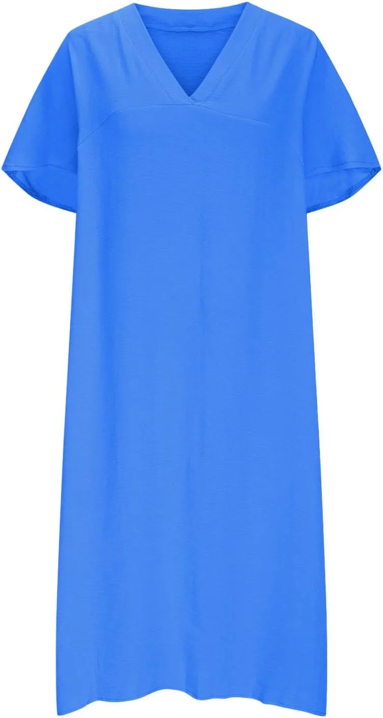 Women's Casual T Shirt V Neck Dress Summer Short Sleeve Dresses 2025 Basic Solid Midi Sundresses Beach Vacation Outfit