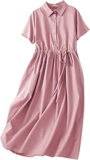 Women's Collared Short-Sleeve Button Front Tie Waist Casual Midi Dress Vintage Pleated Flowy Cotton Linen Dresses