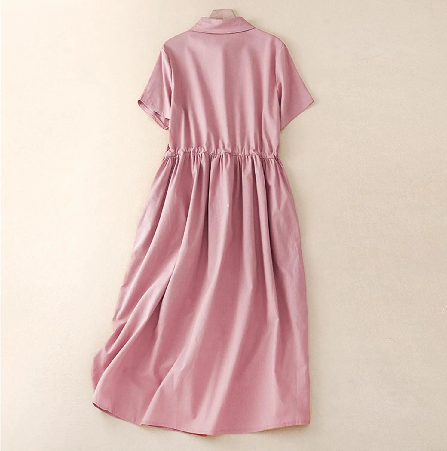 Women's Collared Short-Sleeve Button Front Tie Waist Casual Midi Dress Vintage Pleated Flowy Cotton Linen Dresses
