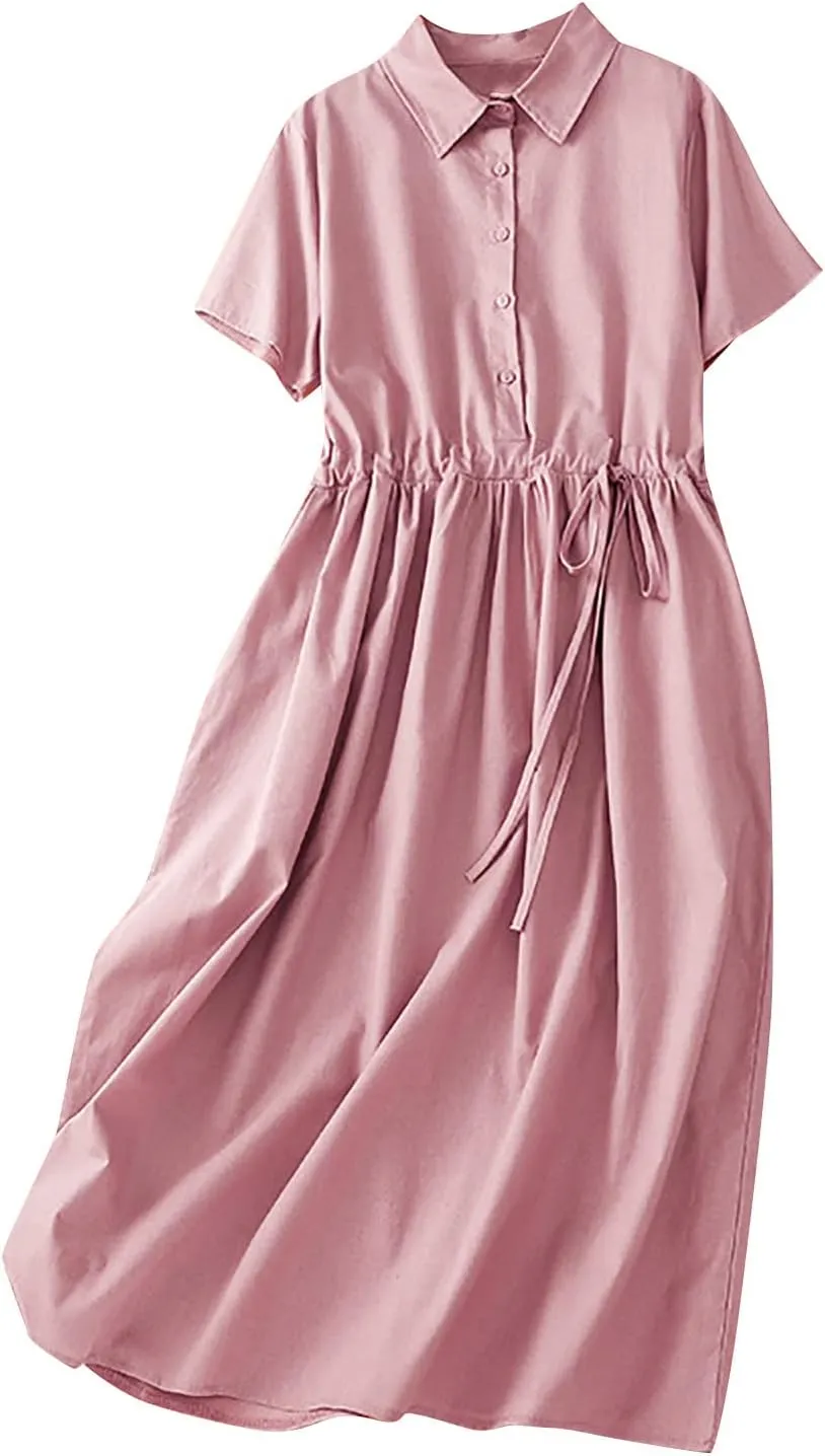 Women's Collared Short-Sleeve Button Front Tie Waist Casual Midi Dress Vintage Pleated Flowy Cotton Linen Dresses