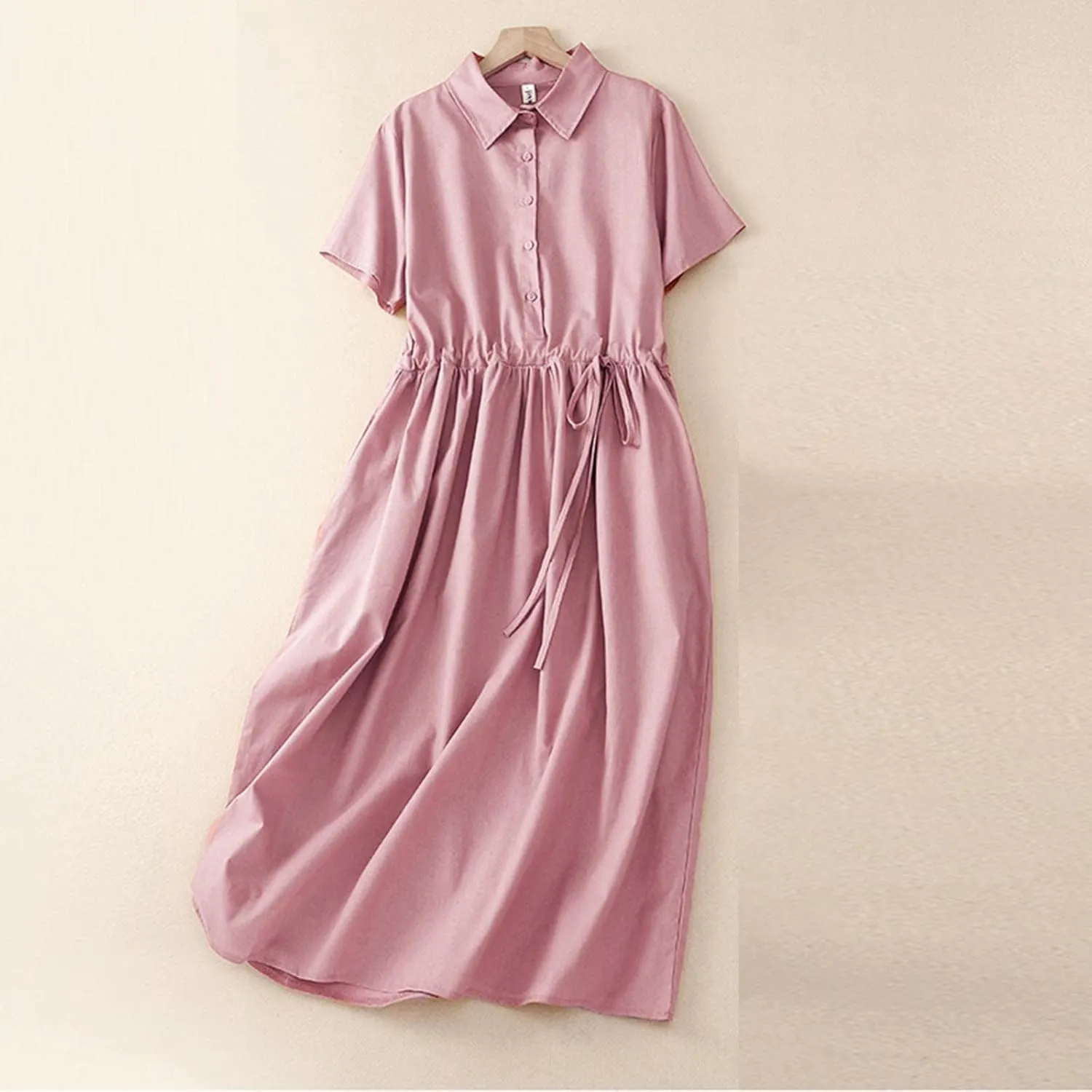 Women's Collared Short-Sleeve Button Front Tie Waist Casual Midi Dress Vintage Pleated Flowy Cotton Linen Dresses