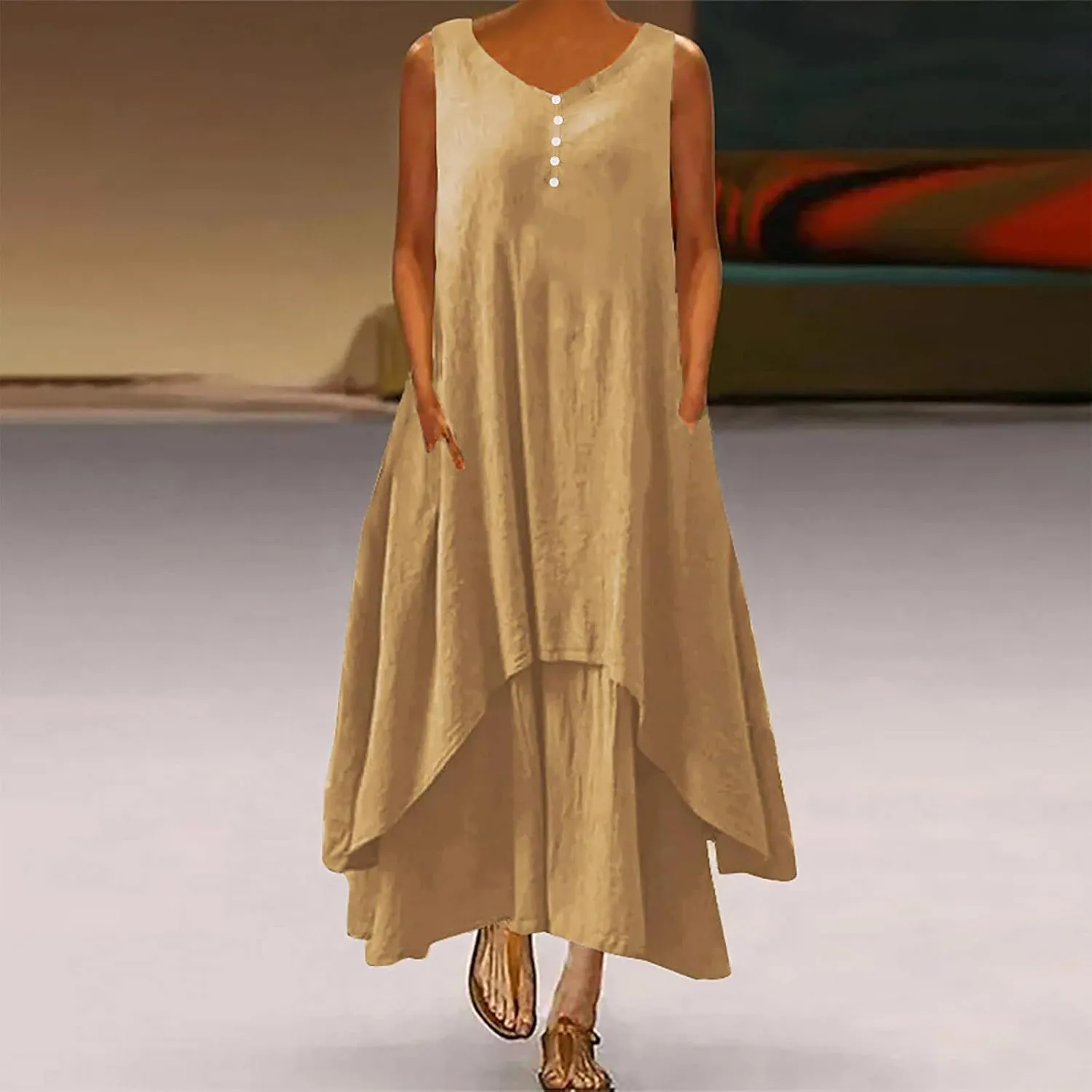 Women's Cotton Linen Irregular Double Layer Tank Dress,Plus Size Sleeveless Loose Caftan Beach Dresses Summer Sundress