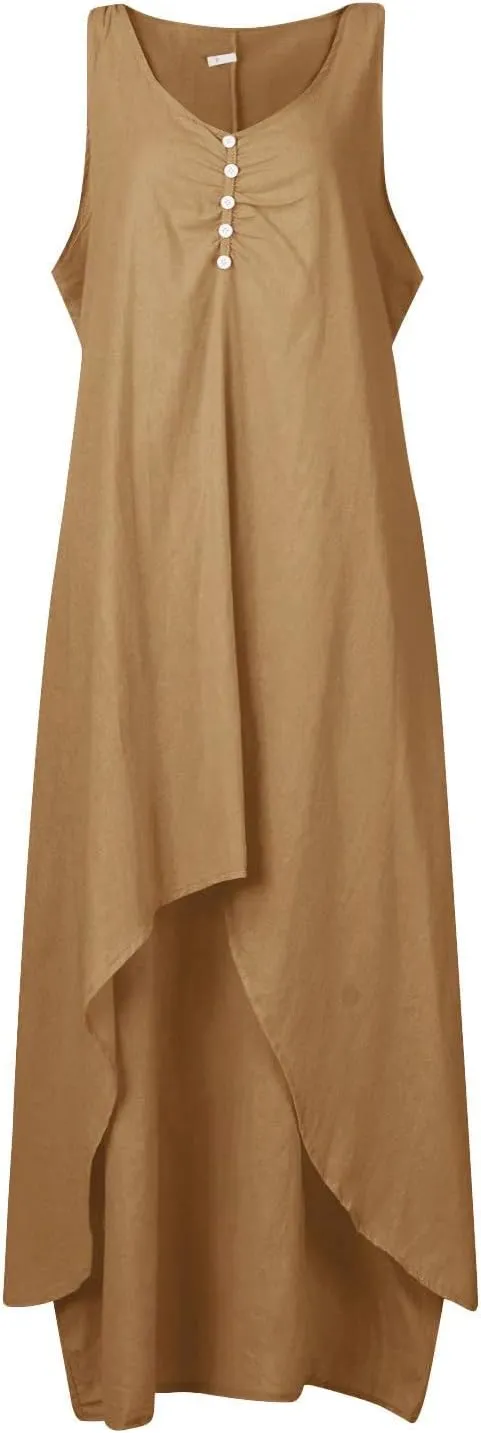 Women's Cotton Linen Irregular Double Layer Tank Dress,Plus Size Sleeveless Loose Caftan Beach Dresses Summer Sundress