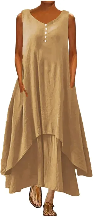 Women's Cotton Linen Irregular Double Layer Tank Dress,Plus Size Sleeveless Loose Caftan Beach Dresses Summer Sundress