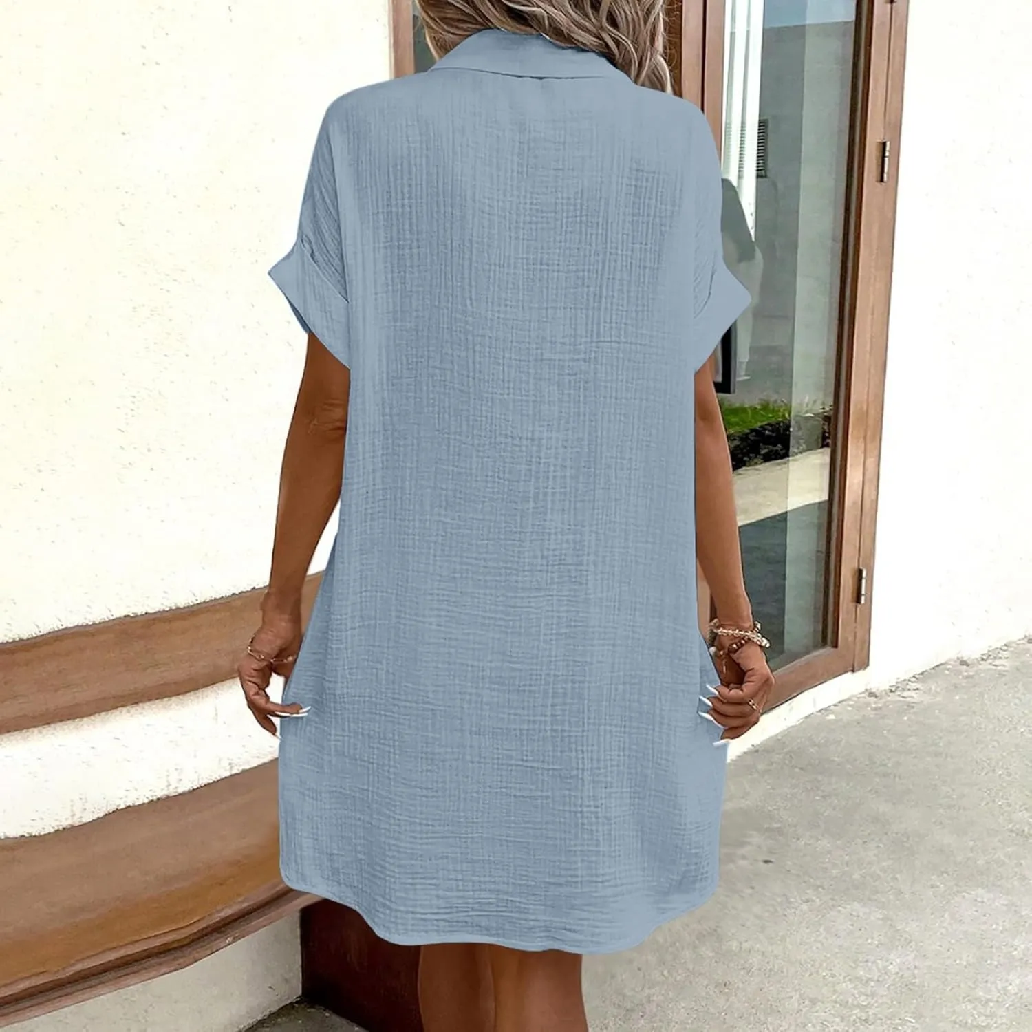 Womens Cotton Linen Shirt Dresses 2025 Summer Short Sleeve Button Down Tshirt Dress Vacation Beach Midi Dress Pockets