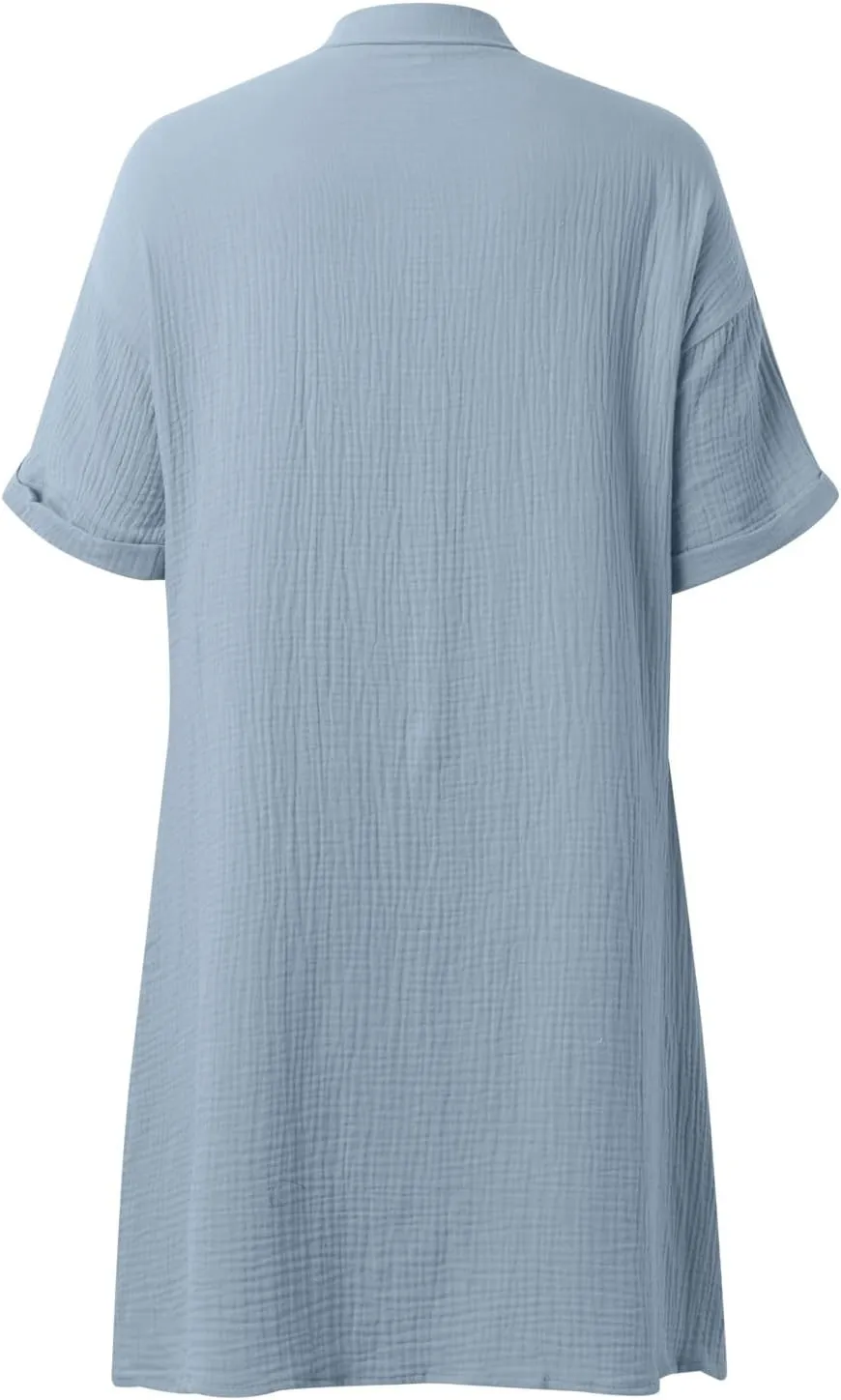 Womens Cotton Linen Shirt Dresses 2025 Summer Short Sleeve Button Down Tshirt Dress Vacation Beach Midi Dress Pockets