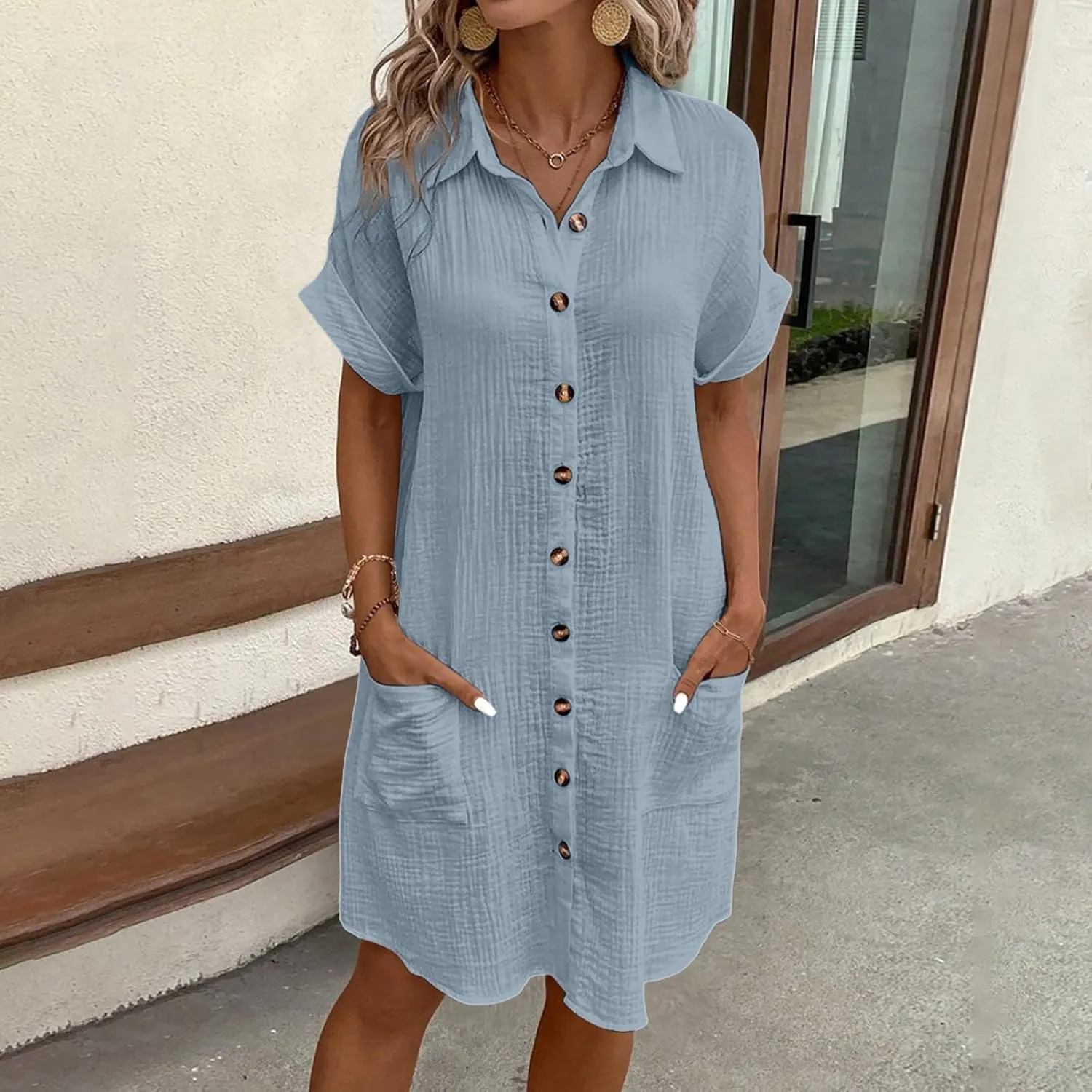 Womens Cotton Linen Shirt Dresses 2025 Summer Short Sleeve Button Down Tshirt Dress Vacation Beach Midi Dress Pockets