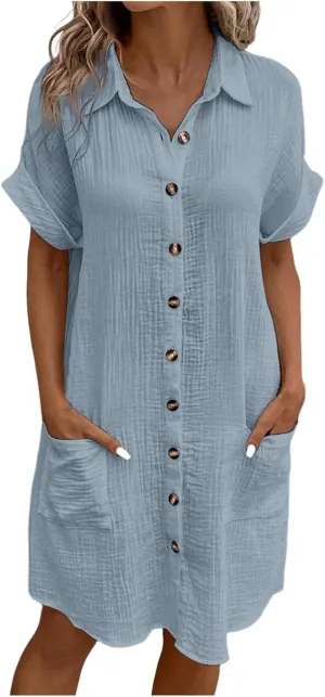 Womens Cotton Linen Shirt Dresses 2025 Summer Short Sleeve Button Down Tshirt Dress Vacation Beach Midi Dress Pockets
