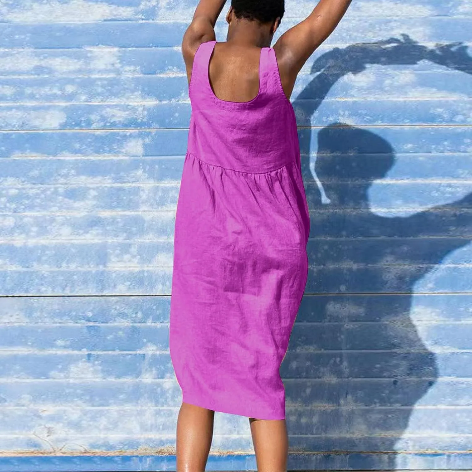 Womens Cotton Linen Sleeveless V Neck Midi Summer Dresses Casual Loose Tank Dress Solid Pleated Beach Sundresses