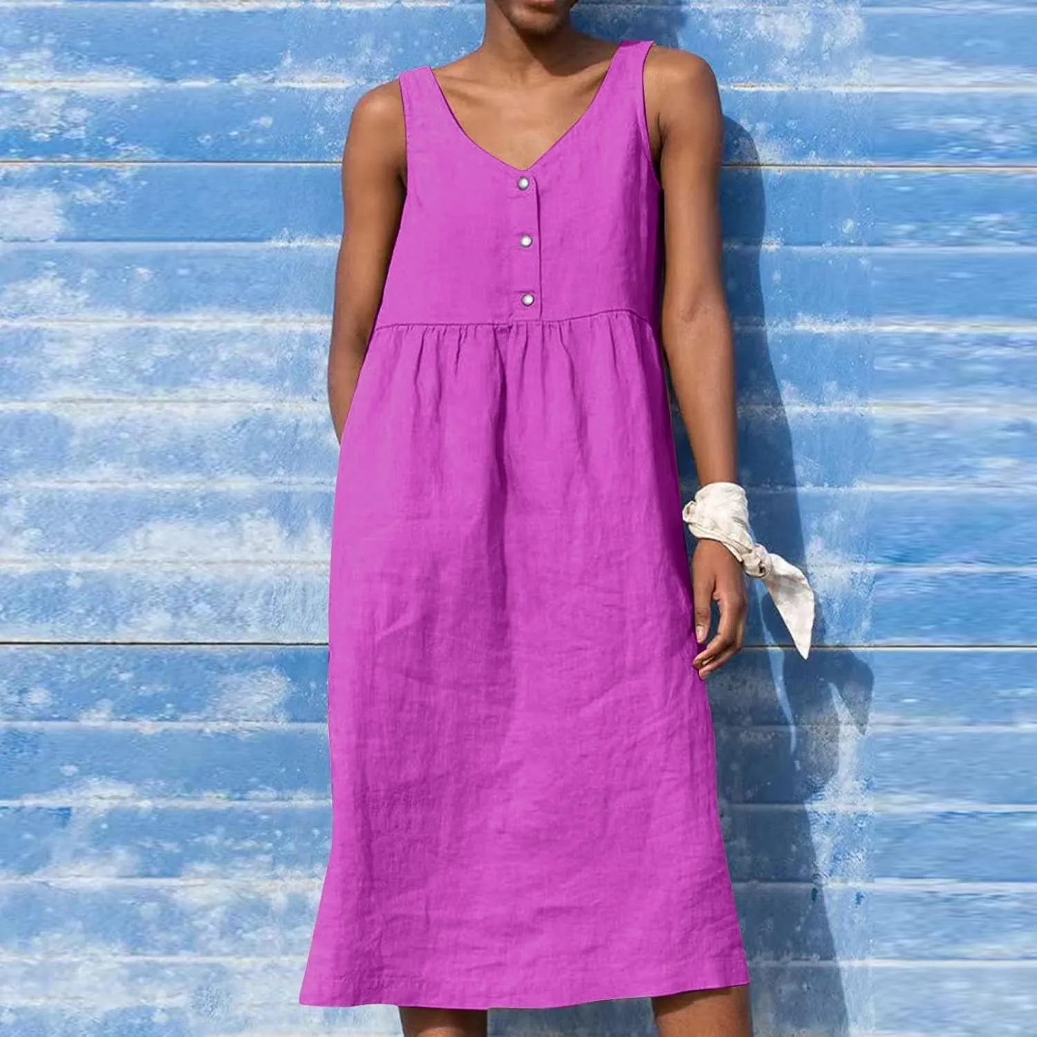 Womens Cotton Linen Sleeveless V Neck Midi Summer Dresses Casual Loose Tank Dress Solid Pleated Beach Sundresses