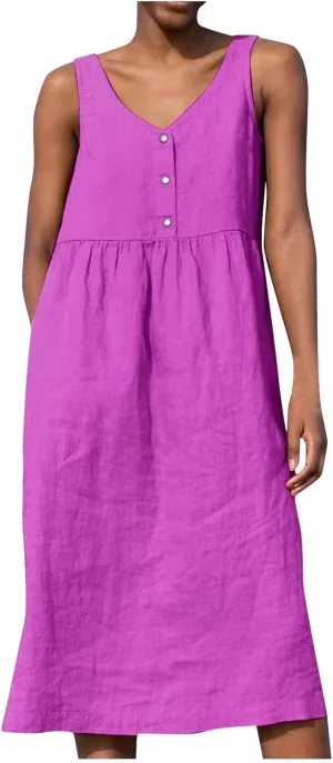 Womens Cotton Linen Sleeveless V Neck Midi Summer Dresses Casual Loose Tank Dress Solid Pleated Beach Sundresses