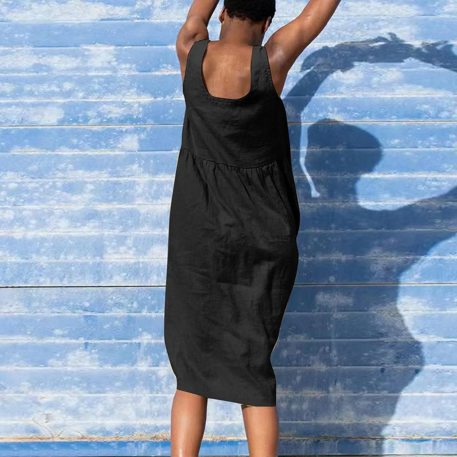 Womens Cotton Linen Sleeveless V Neck Midi Summer Dresses Casual Loose Tank Dress Solid Pleated Beach Sundresses