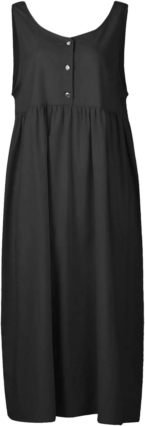 Womens Cotton Linen Sleeveless V Neck Midi Summer Dresses Casual Loose Tank Dress Solid Pleated Beach Sundresses
