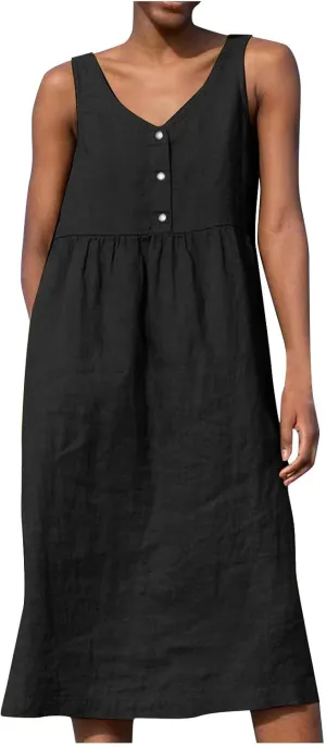 Womens Cotton Linen Sleeveless V Neck Midi Summer Dresses Casual Loose Tank Dress Solid Pleated Beach Sundresses