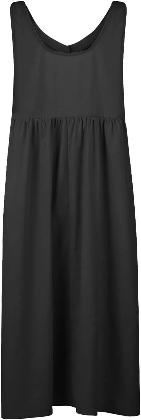 Womens Cotton Linen Sleeveless V Neck Midi Summer Dresses Casual Loose Tank Dress Solid Pleated Beach Sundresses