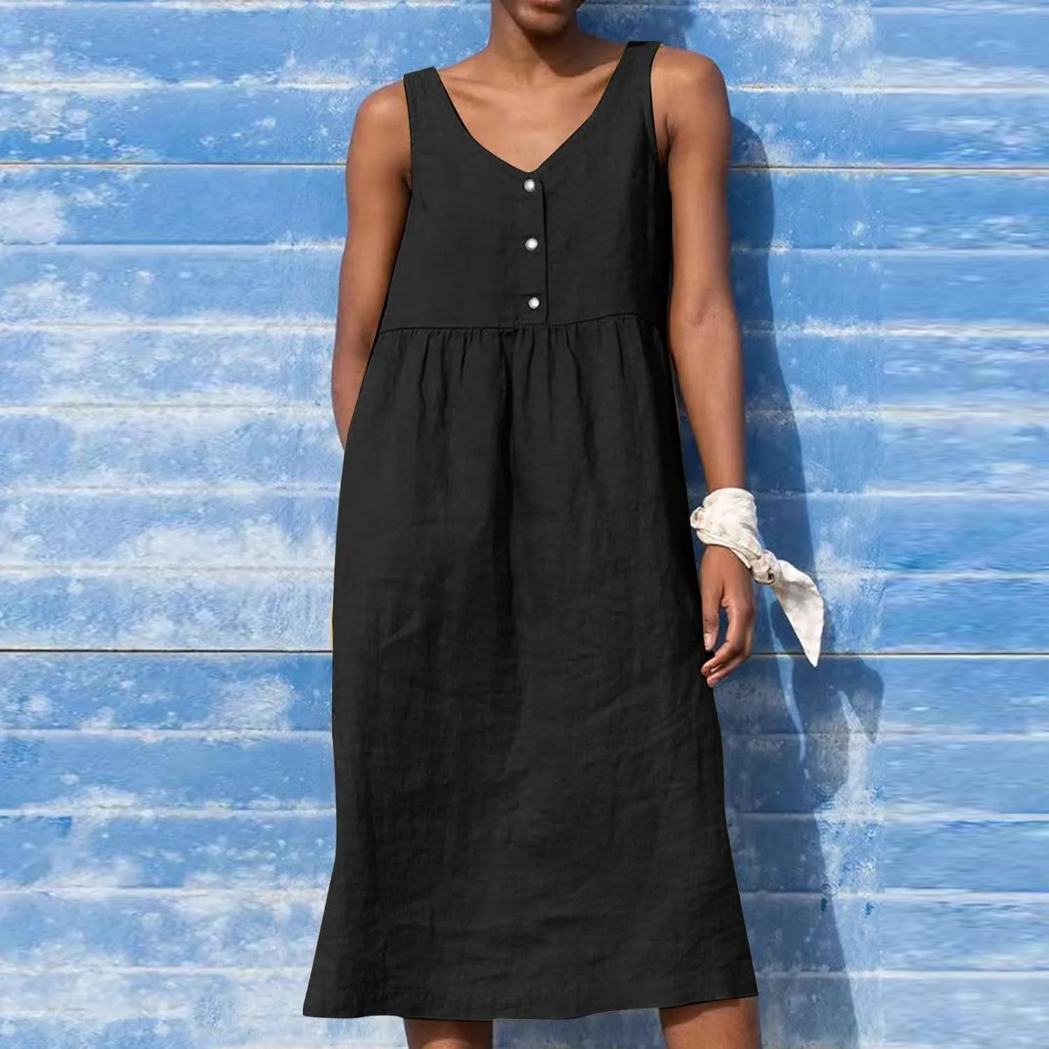 Womens Cotton Linen Sleeveless V Neck Midi Summer Dresses Casual Loose Tank Dress Solid Pleated Beach Sundresses